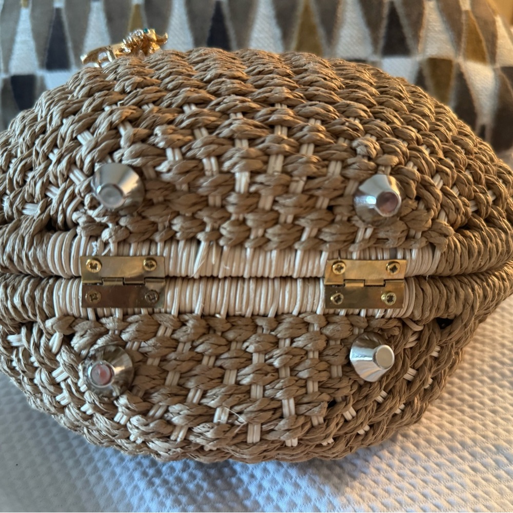 Elegant beige Woven straw bag with 🌼 daisy and bumble bee 🐝 broaches. - Picture 3 of 11